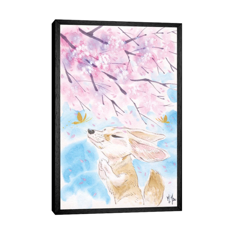 Cherry Blossom Wishes Fox by Martin Hsu - Print on Canvas, 101.6 cm H x 66.04 cm W, Black Framed