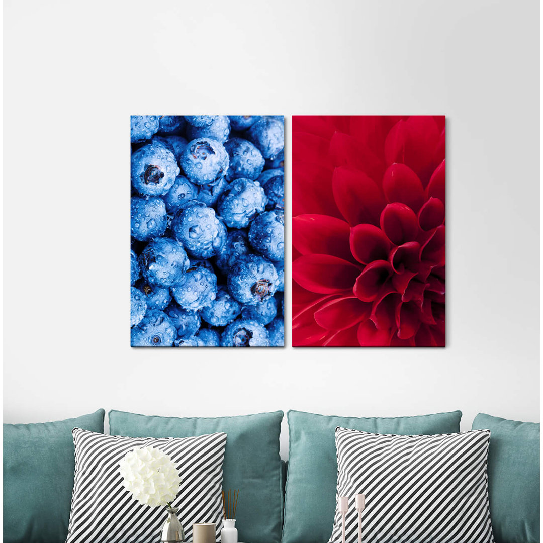 2-tlg. Leinwandbilder-Set - Fotografie „Dahlia Red Flower Blueberries Water Drops Fruits”