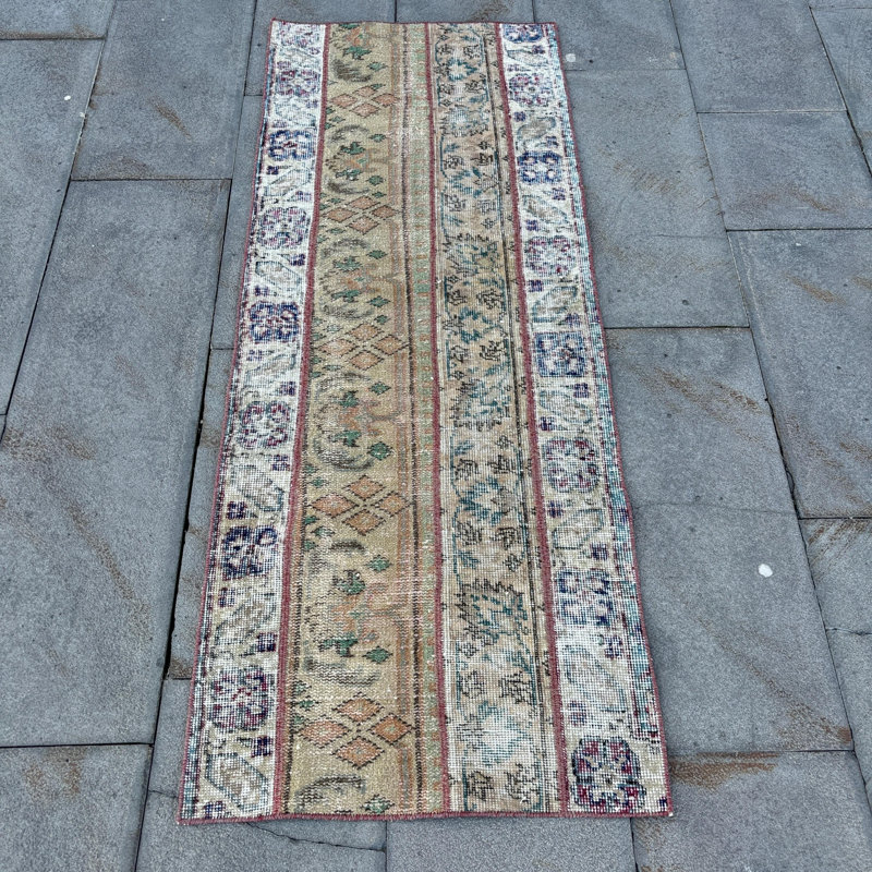 Antique Turkish Vintage Patchwork Runner Rug in Faded Green for Boho Style Decor