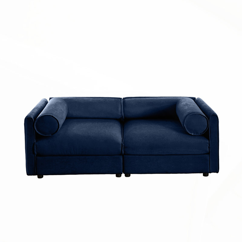 Élégant canapé 2 places en chenille bleue avec siège de rangement, dossier cylindrique et accoudoirs, causeuse moderne en tissu avec espace de rangement caché