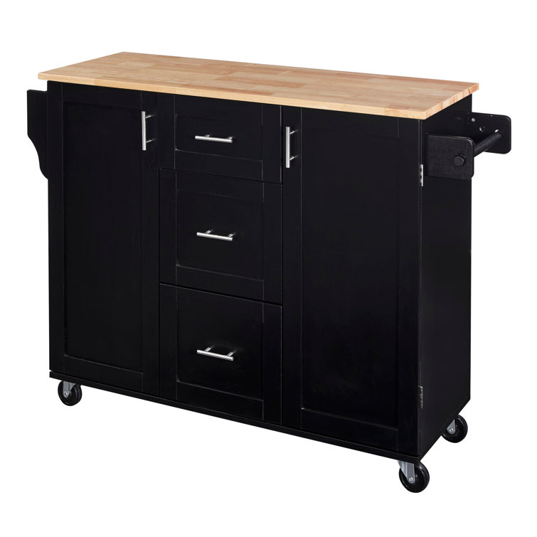 Rolling Kitchen Island with Storage, Kitchen Cart with Rubber Wood Top, 3 Drawer, 2 Slide-Out Shelf and Internal Storage Rack, Kitchen Island on Wheels with Spice Rack & Tower Rack