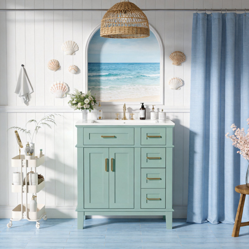 30" Modern Bathroom Vanity with Ceramic Sink, Compact Storage Cabinet with Soft-Close Doors & Drawers, Solid Wood Frame Vanity with Gold Zinc Alloy Handles