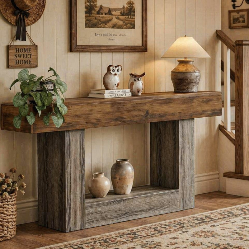 63" Wooden Console Table, Farmhouse 2-Tier Sofa Table Entryway Table, Brown