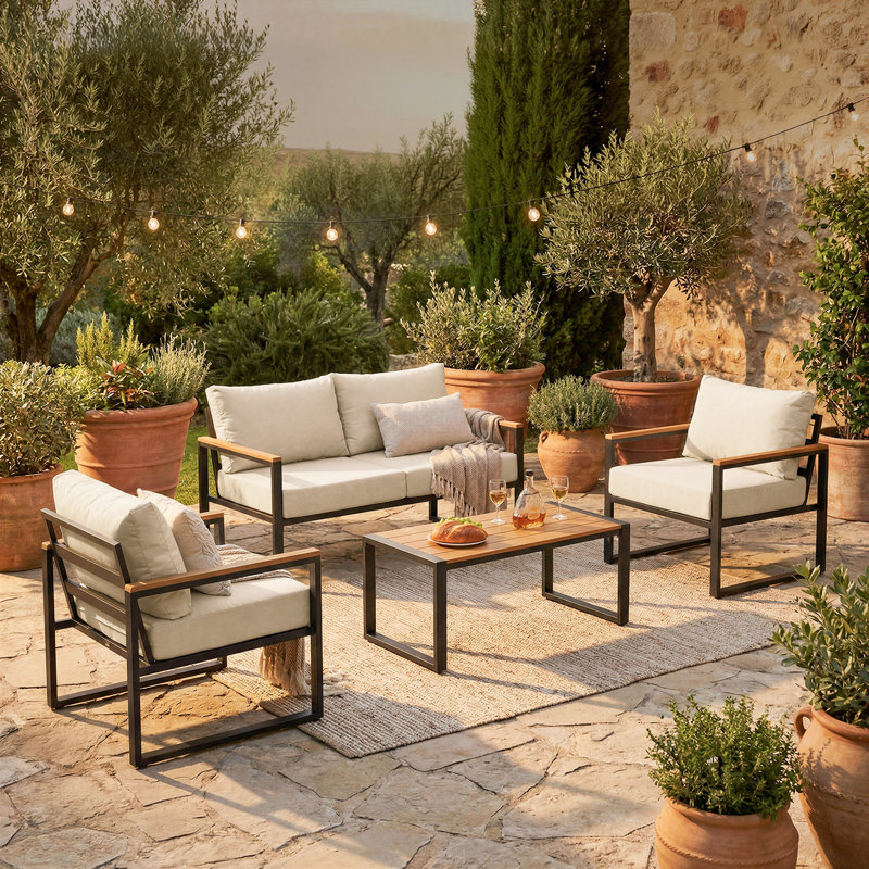 Ensemble de conversation de patio en acier 4 pièces, ensemble de mobilier de patio pour 4 personnes avec table basse pour la cour