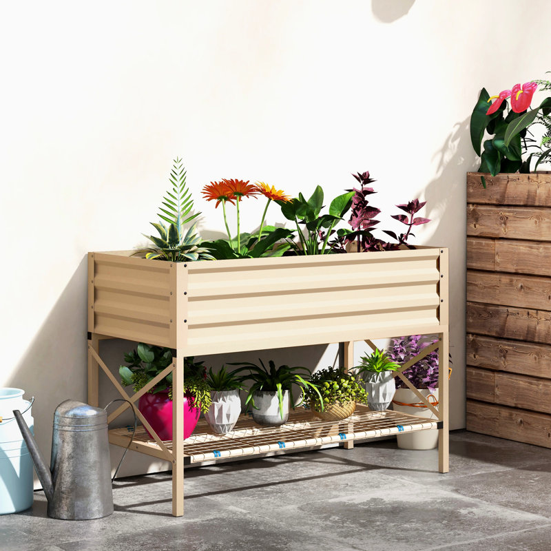 Lit de fleurs surélevé en acier galvanisé, crème, offre amplement d'espace pour planter des herbes et crée un beau jardin