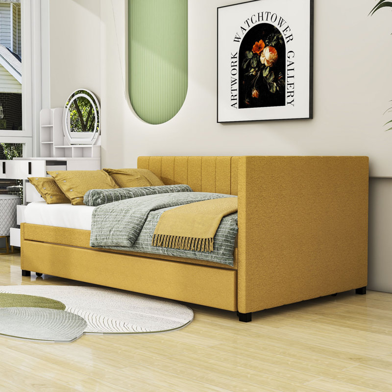 Naqeeb Twin Size Linen Daybed with Twin Size Trundle, Yellow