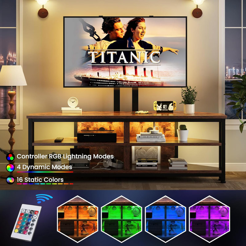 TV Stand Cabinet with LED Lighting and TV Mount, L120 x W36 x H114.5cm