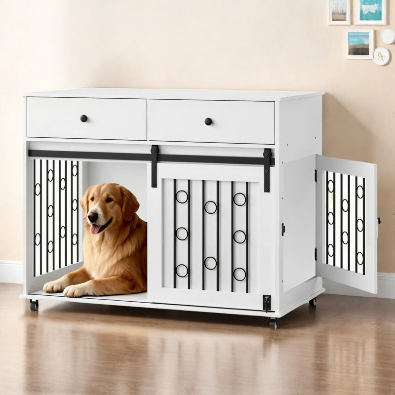 Cage pour chien moderne en bois avec tiroirs et porte de grange coulissante, roues verrouillables, table pour chenil