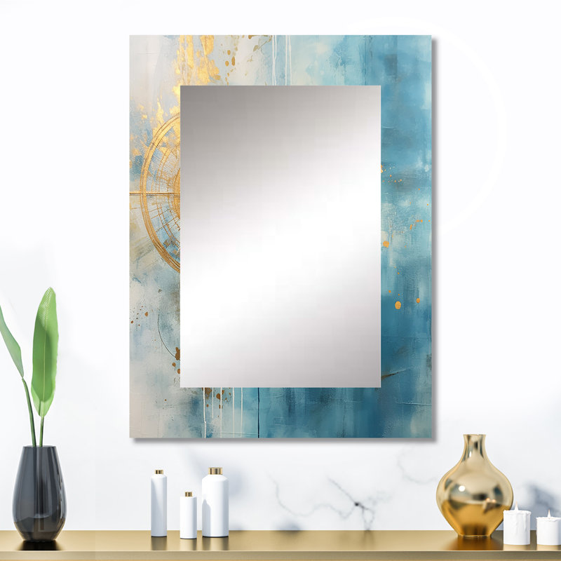 Bleu sarcelle, sensibilité circulaire, aquarelle dorée I - miroir décoratif de peinture abstraite, grand miroir mural moderne, impression sur métal