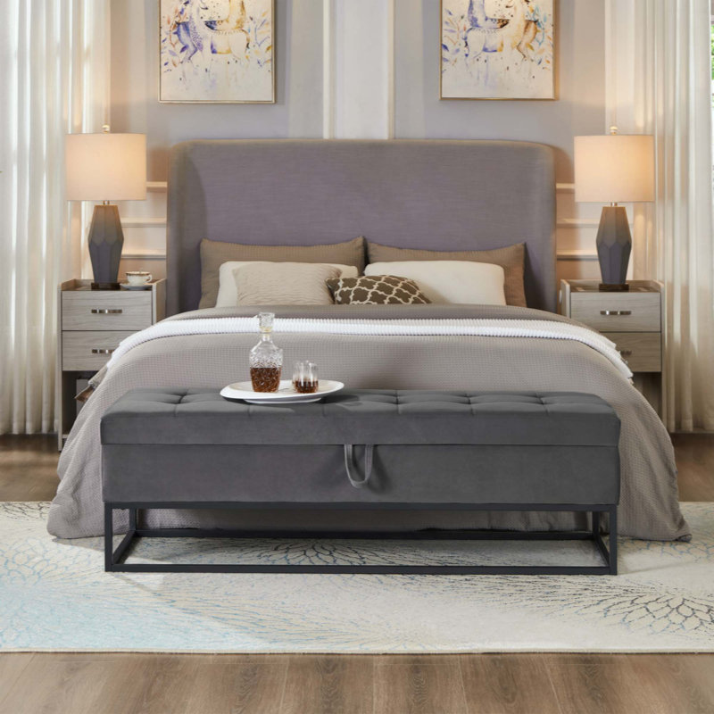Banc de lit avec base en métal et velours de rangement, Gris
