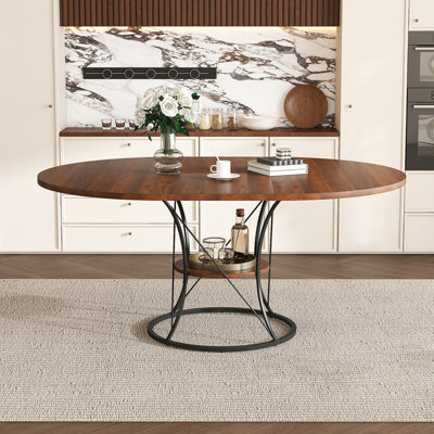 Table de salle à manger ronde extensible brune avec tablette de rangement, table industrielle en bois de 43 po à 59 po pour 4-6
