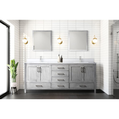 80 po L x P 22 po. Meuble-lavabo gris patiné pour la salle de bain - comptoir en quartz blanc, structure en bois massif, fermeture en douceur, égratignure et teinture, grand espace de rangement avec 2 armoires, tablette ouverte à 6 tiroirs, pré-percé