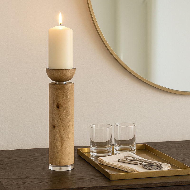 Sleek Candle Holder for Living Room Display - Modern Tabletop Candle Holder in a Natural Finish, 14" H x 4" W x 4" D
