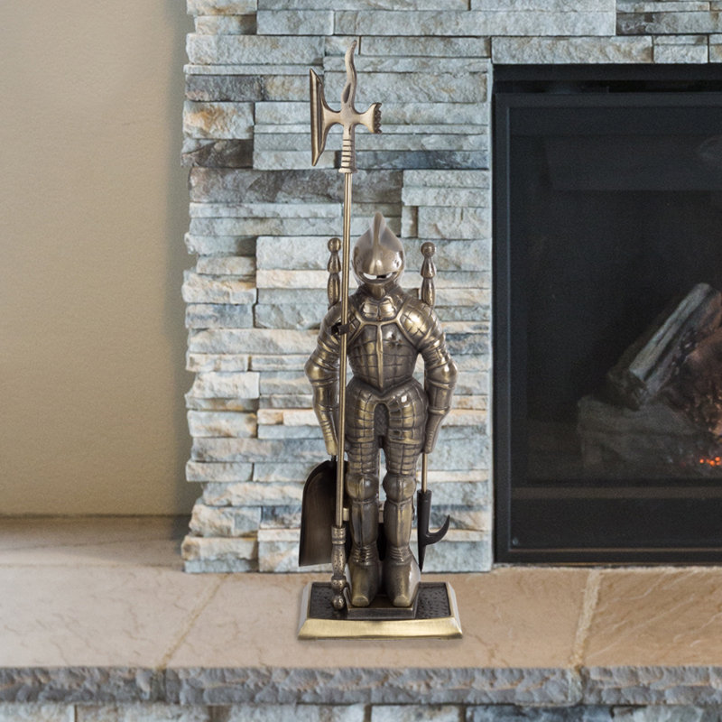 Ensemble d'outils de foyer 3 pièces Syd - Statue médiévale en fonte Knight pouvant contenir des outils essentiels robustes - comprend une pelle, un balai et un tisonnier
