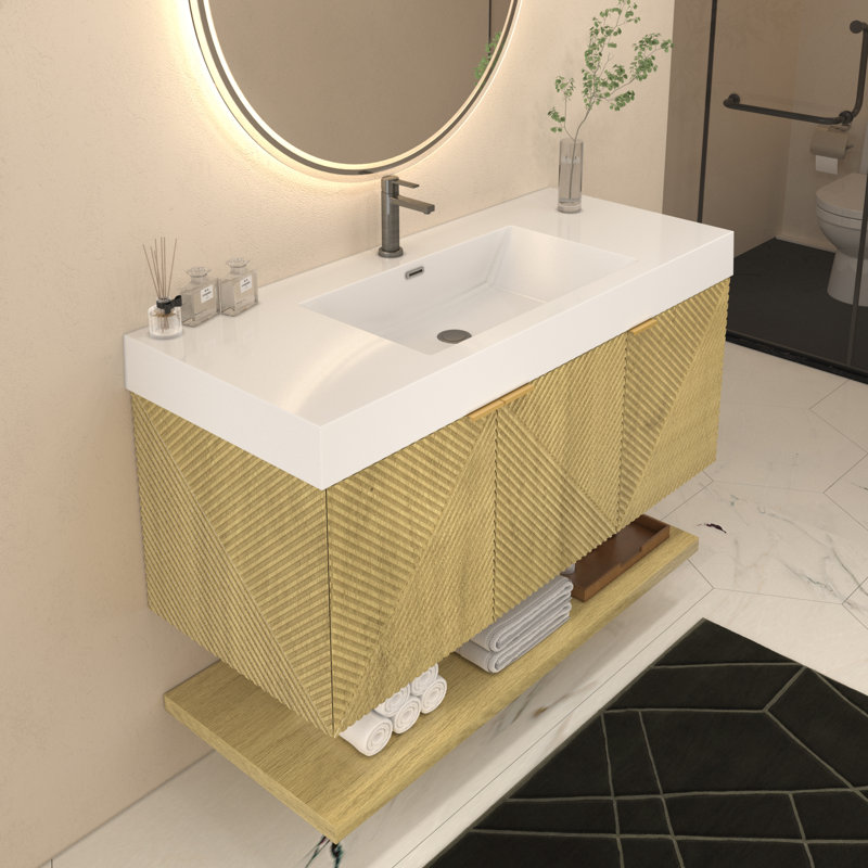 Moreno Stella 48 Inches Wall Mounted Vanity Set With Doors And Inside Drawer, Teak Oak
