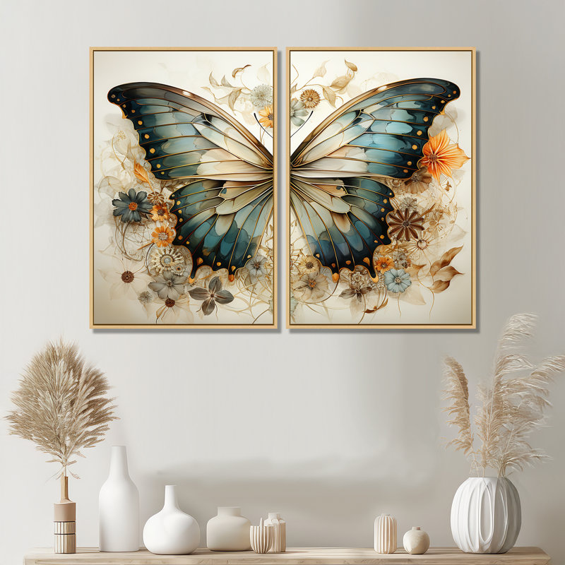 Papillon beige sarcelle, motifs complexes - ensemble de 2 reproductions d'animaux, H 36 po x l 48 po, Crème, crème