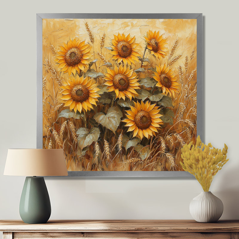 Dreyvin Sunflowers In The Wheat Barnyard VII - Art mural de tournesols pour le salon, H 30 po x l 30 po, Argent argent