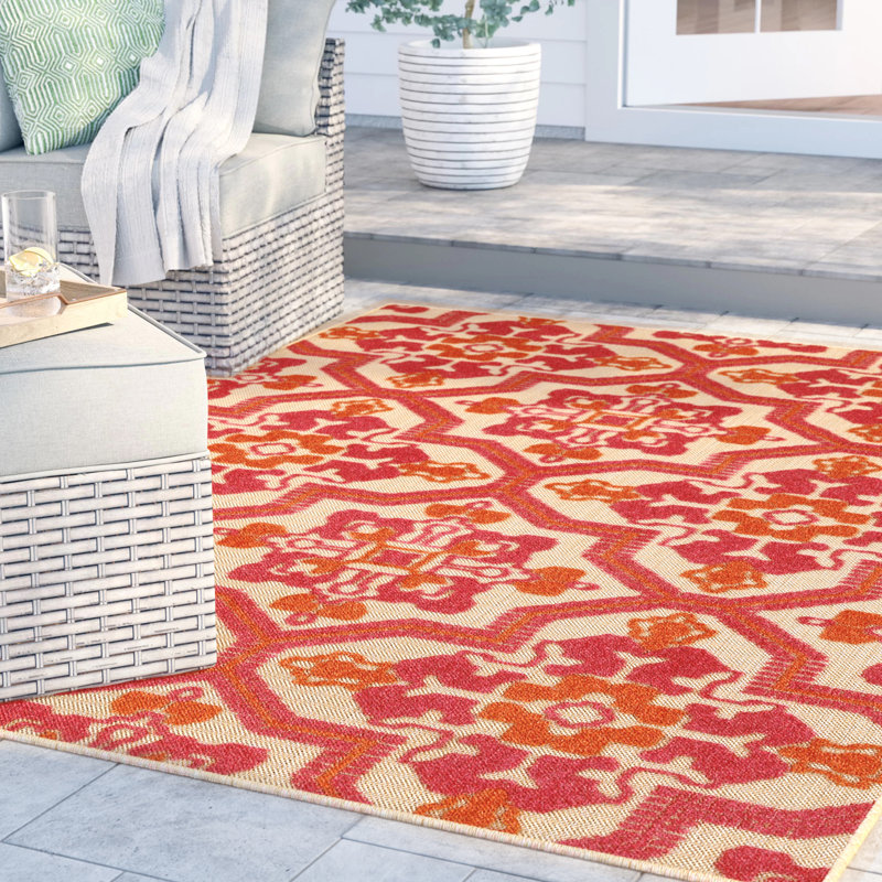 Tapis oriental intérieur / extérieur sable / rose / orange Laub, Rectangle 9 pi 10 po x 12 pi 10 po