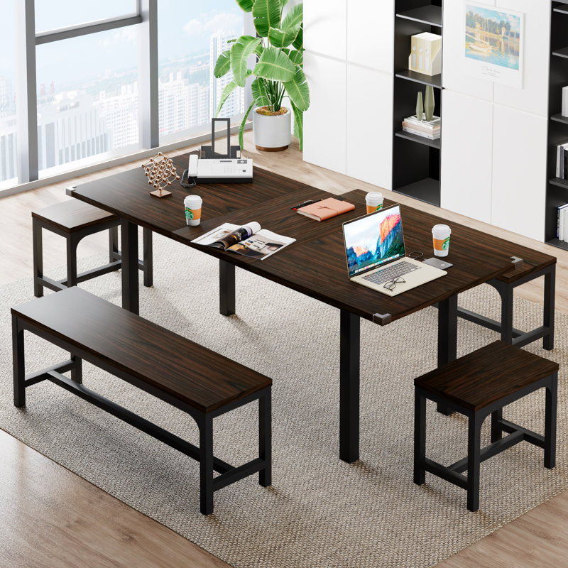 Ensemble de table de salle à manger 5 pièces pour 4 à 8 personnes, ensemble de table de cuisine extensible avec 2 bancs et 2 tabourets carrés, table de salle à manger de style Mid-Century, économie d'espace
