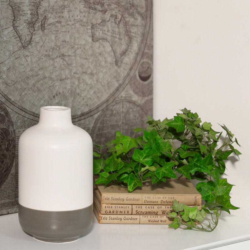 Stoneware Round Bottle Vase with Small Mouth, Short Neck and Grey Banded Rim Base SM Matte Finish White