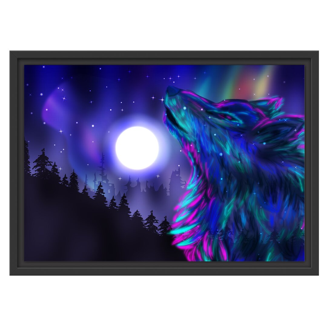 Gerahmtes Wandbild Abstrakter Wolf mit Mond