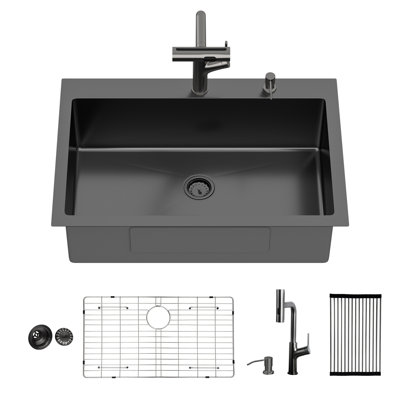 Évier de cuisine encastré 30 po en acier inoxydable avec robinet coulissant et distributeur de savon - 30 po x 22 po x 10 po à cuve simple en acier inoxydable de calibre 16 avec évier de cuisine