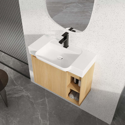 Meuble-lavabo mural avec lavabo en céramique et porte à fermeture en douceur