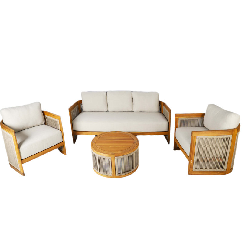 Solid Acacia 5-Seat Sofa Set With Round Coffee Table