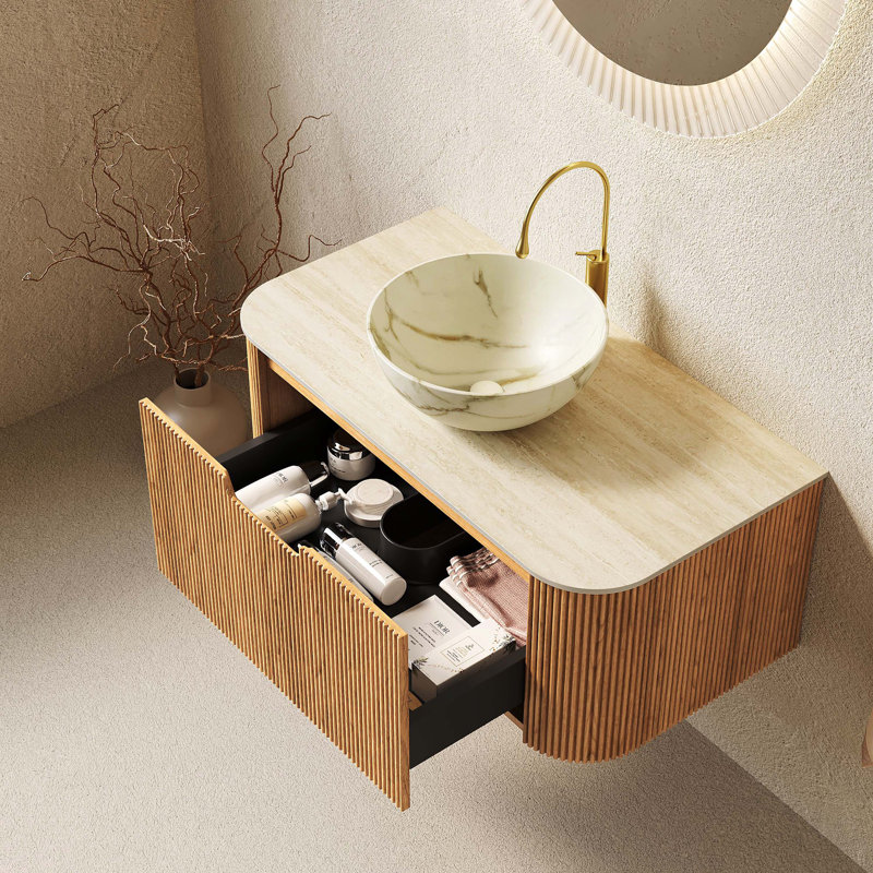 Meuble-lavabo flottant à rayures, Beige, blanc pierre, Bois naturel
