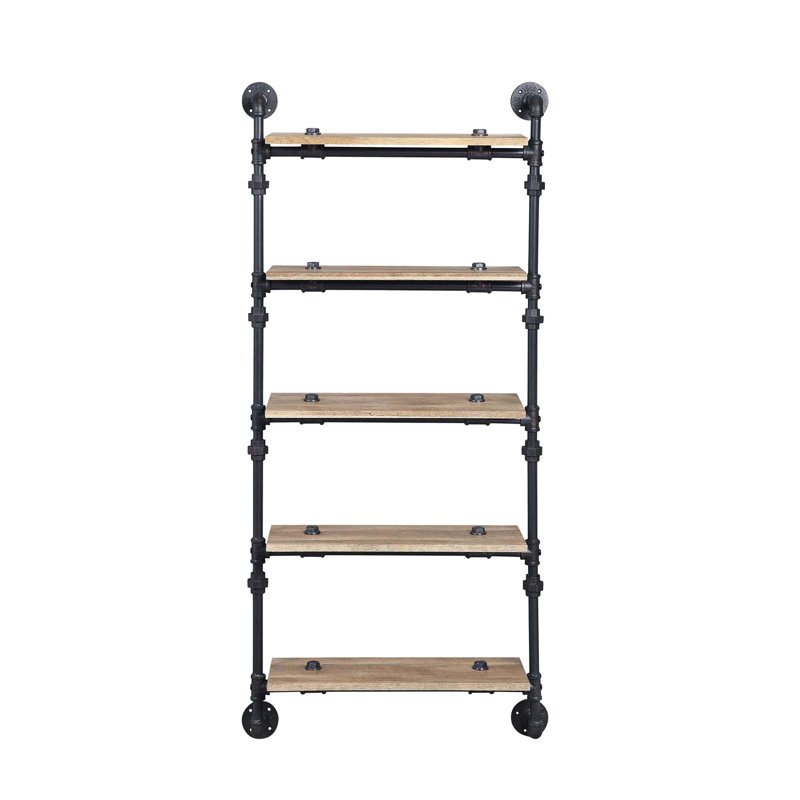 5 Tier Floating Wall Shelf In Oak And Sandy Black With Water Pipe Design, Mounted For Storage Display At Home, 23"L X 9"W Shelves, 28" Depth Style Shelf, Oak, For Spacious Home Decor, 9"W, 59" Height