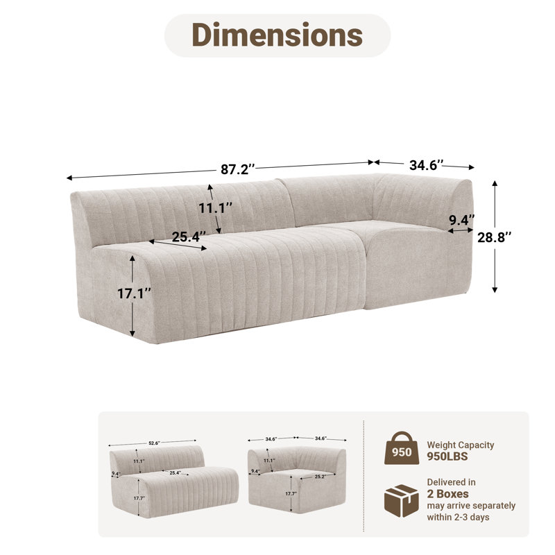 3 Piece Upholstered Modular Sectional Sofa Channel Tufted Couch Compression, Beige Chenille