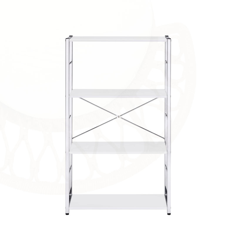 White & Chrome Finish Bookshelf With Modern Design And Sturdy 4-Tier Storage, Perfect For Organizing And Displaying Essentials.