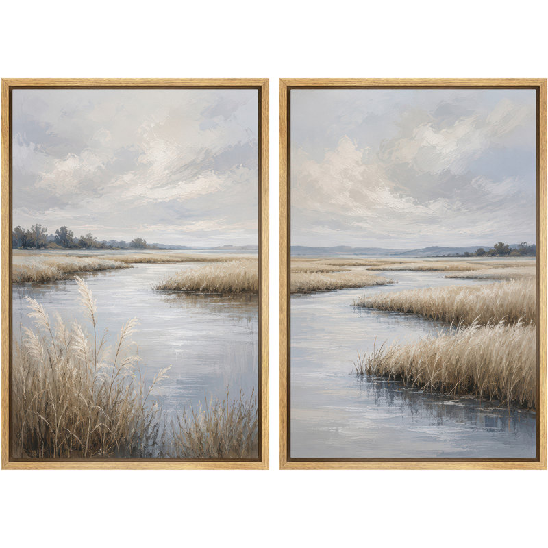 «Serene Blue Marshland with Water and Reeds», reproduction d'art sur toile encadrée pour chambre principale, 2 pièces