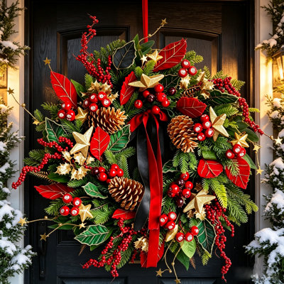 Couronne de Noël de 61 cm pour porte d'entrée, couronne traditionnelle rouge et verte ornée de baies rouges, pommes de pin, étoiles dorées, nœuds décoratifs, verdure persistante et long ruban rouge, décoration de porte festive de style champêtre pour l'intérieur et l'extérieur couvert.