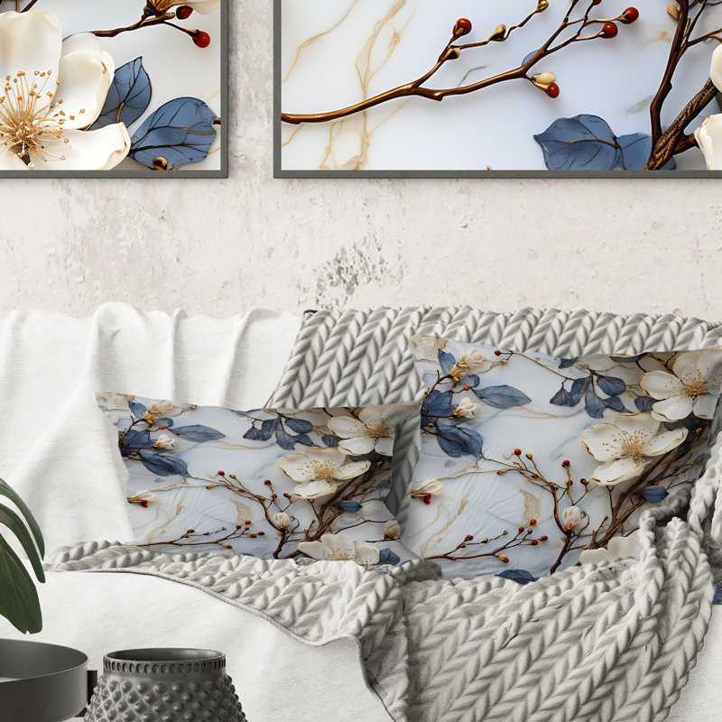 Motif de marbre blanc et bleu Magnolias, H 18 po x l 18 po