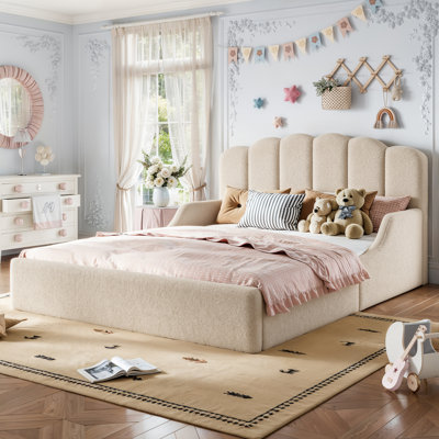 Grand lit en tissu d'ameublement en tissu d'ameublement grand lit, lit stylé pour enfants, structure de lit pour enfant à profil bas, lit moelleux moelleux pour enfants et adolescents. Beige
