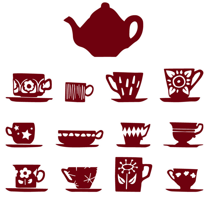 Décalcomanie murale tasses de thé, Bourgogne, H 32 po x l 33 po x P 0,01 po