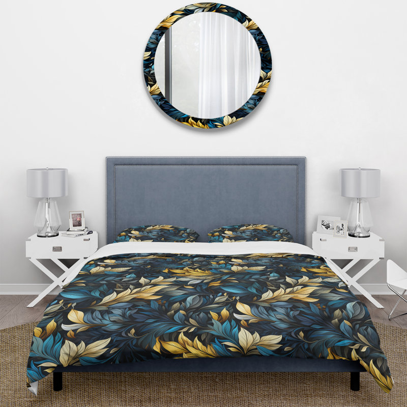 Ensemble de housse de couette feuille bleu et jaune Harmony, Housse de couette pour très grand lit et 2 très