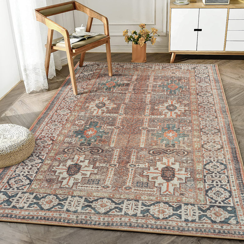 Washable Non-Slip Traditional Area Rug - Brown / Blue / Orange Rug for Entryway, Hallway, Bathroom, and Kitchen - Fairlin