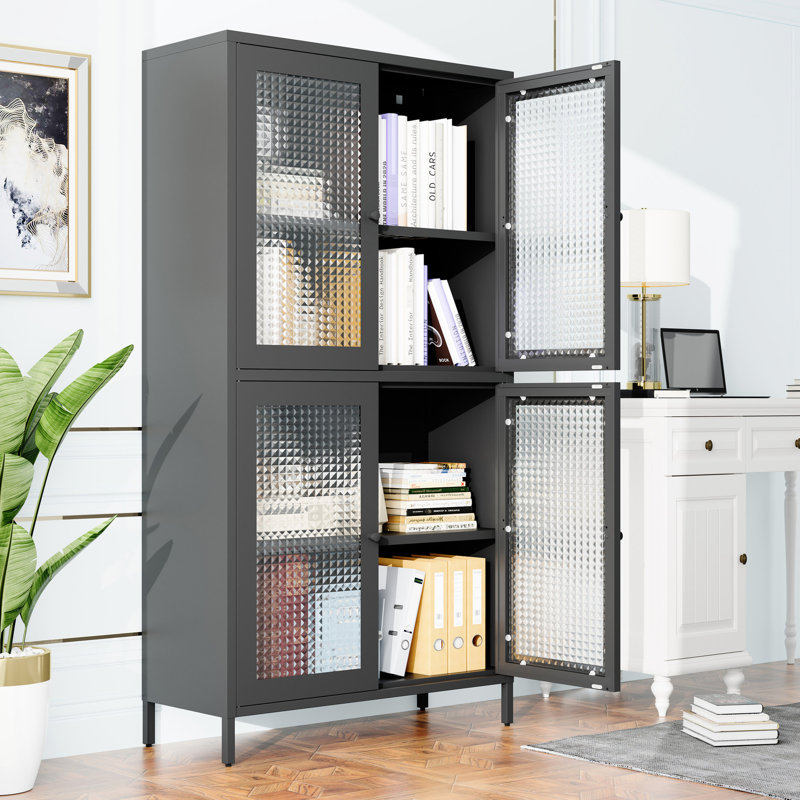 Armoire classique en métal avec 4 portes en verre pour le bureau personnel - Bibliothèque autoportante au fini noir