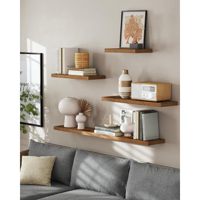 Set Of 2 Floating Wall Shelves, Rustic Brown MDF With Steel Bracket, Easy To Install, Durable Display Shelves For Home Decor, Living Room, Kitchen, And More