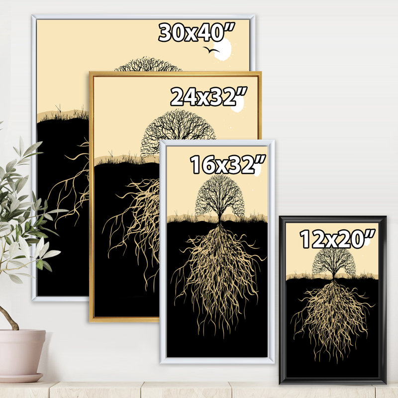 Silhouette d'arbre avec racines - art mural paysages, Toile encadrée d'or, H 40 po x l 30 po x P 1 po
