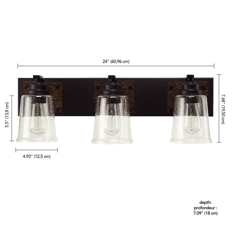 Matte Black and Faux Wood 24" Dimmable Vanity Light with Seeded Glass Shades