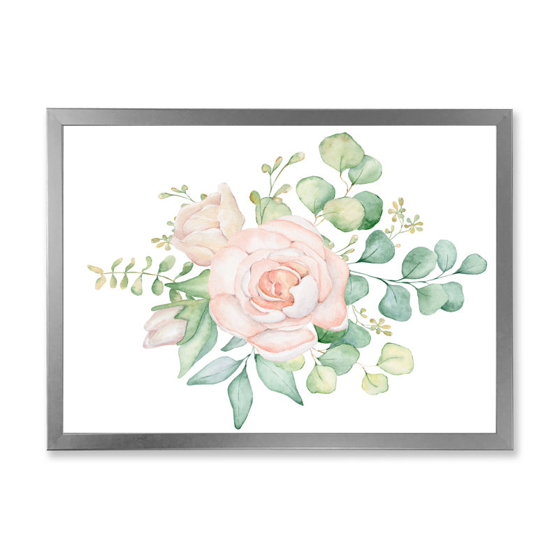 Bouquet de fleurs de rose et d'eucalyptus - Peinture sur toile, H 16 po x l 32 po x P 1 po, Cadre photo argenté
