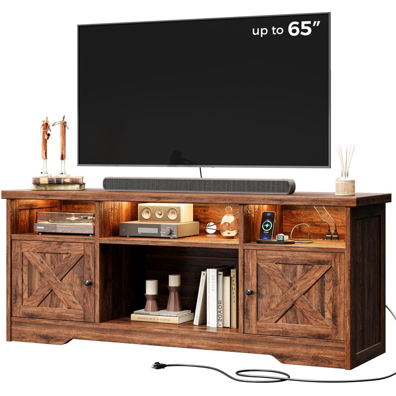 Tv Stand With Power Outlet, Farmhouse Entertainment Center With Led Light, Console Table And Media Furniture With Storage Cabinets
