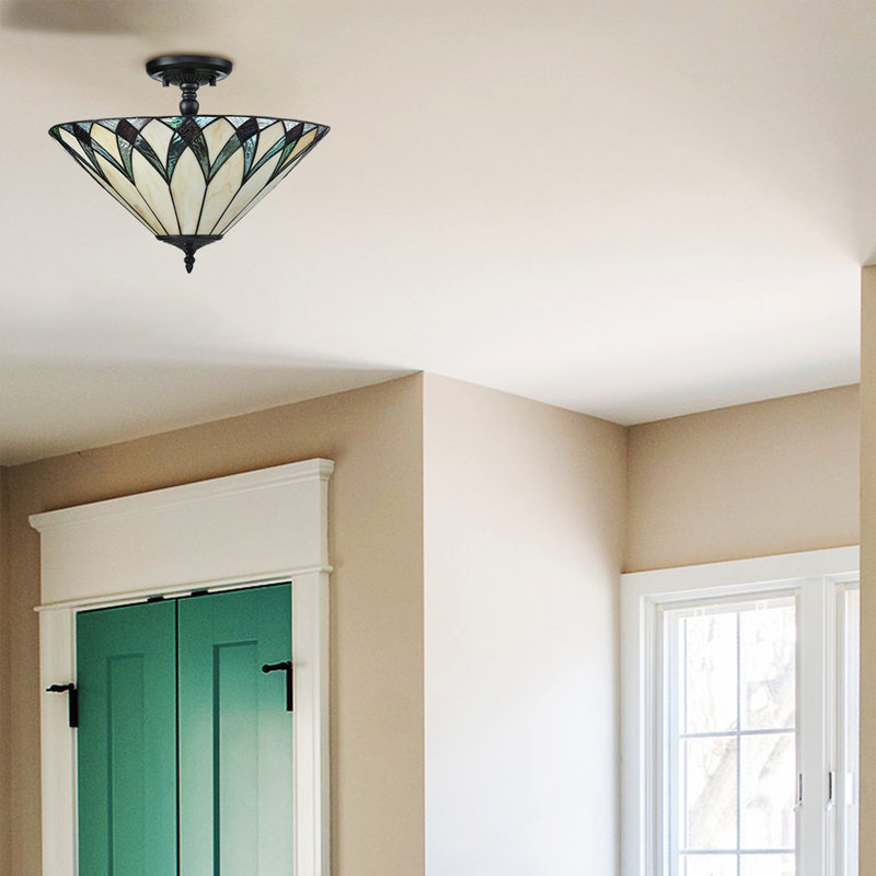 Stained Glass Semi Flush Ceiling Light, Green