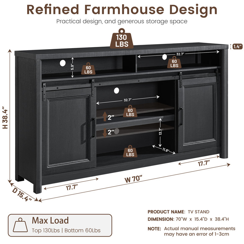 70" W Farmhouse Black TV Stand, Black