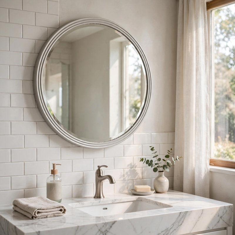 Miroir de commode Aren, cadre à bordure moulée, bois blanc, rond de 35 po