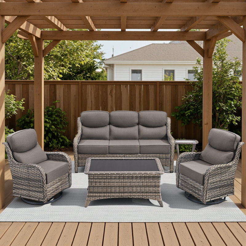 Ensemble 5 pièces de canapé de patio et de chaises pivotantes en osier avec table basse, Gris, Gris