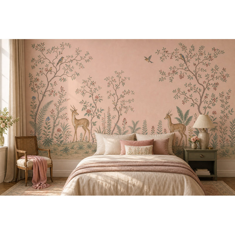 Toile paysage papier peint rosé rétro botanique, Peel and Stick, 200"x120"